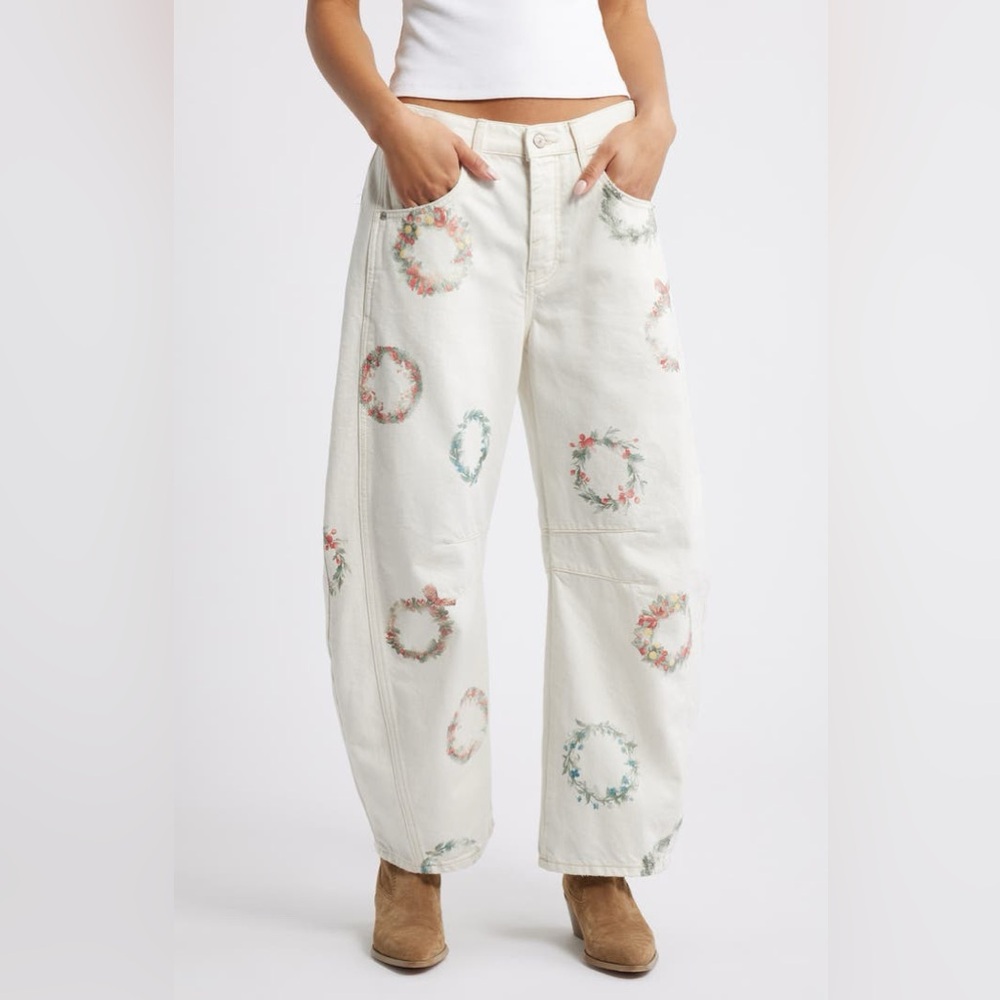 Free People Good Luck Printed Barrel Jeans in the Watercolor Wreath pattern